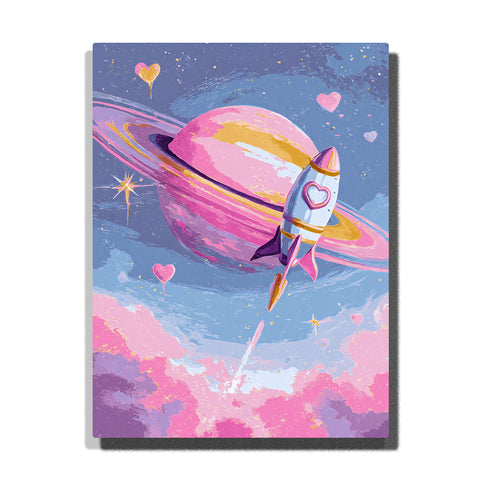 White heart rocket flying beside a large pink ringed planet with purple fins, floating hearts, star sparkles, rosy clouds, and pastel blue sky, paint by numbers wall art by PaintEasy