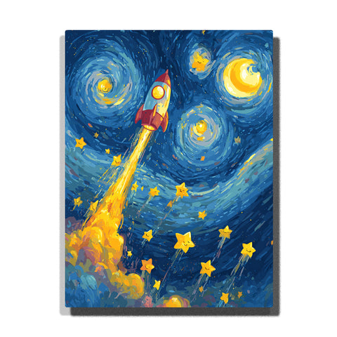 Red rocket blasting into a swirling moonlit galaxy with golden flame trail, bright moon disks, yellow shooting stars, blue spiral sky, and cosmic motion, paint by numbers wall art by PaintEasy