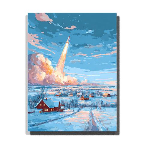Rocket launch over a snowy village with glowing trail, blue winter sky, red-roofed houses, white fields, pink clouds, and winding snow road, paint by numbers wall art by PaintEasy
