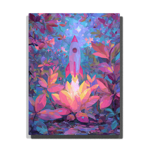 Pink rocket launching from a glowing fantasy flower with yellow flame, round window, purple-blue leaves, magenta foliage, and magical garden light, paint by numbers wall art by PaintEasy