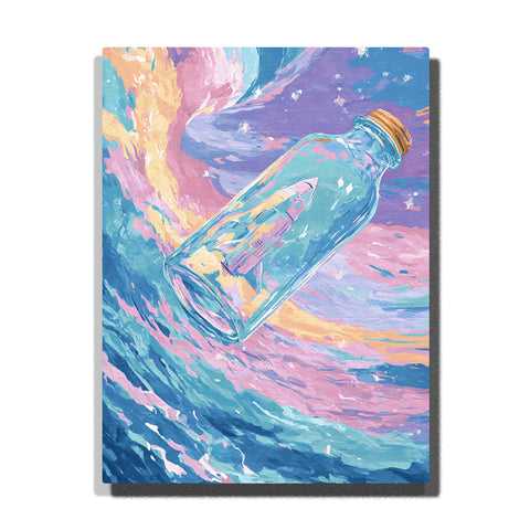 Rocket inside a tilted glass bottle drifting through blue and pink cosmic waves with golden cap, star specks, pastel swirls, and space-fantasy motion, paint by numbers wall art by PaintEasy