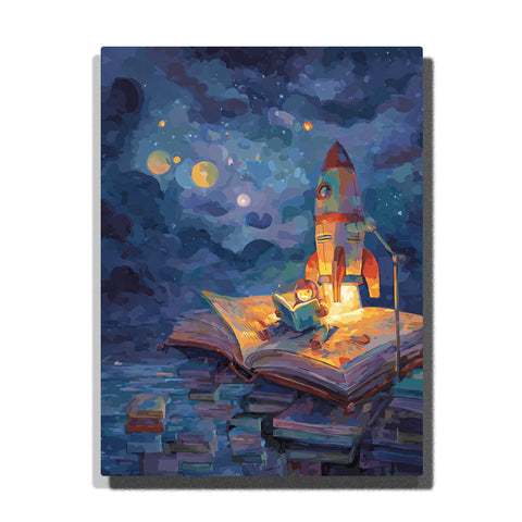 Glowing rocket launching from an open storybook with a small reader, stacked books, golden flame, floating lights, and starry blue night sky, paint by numbers wall art by PaintEasy