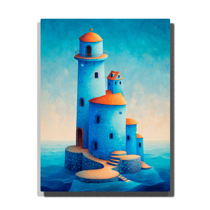 Blue island lighthouse with orange domes, arched windows, stepped sea platform, calm ocean water, teal sky, and magical coastal architecture mood, paint by numbers by PaintEasy