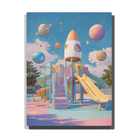 Rocket playground with pastel planets, yellow slide, pink stairs, teal railings, blue sky, soft clouds, and colorful space-themed play structures, paint by numbers wall art by PaintEasy