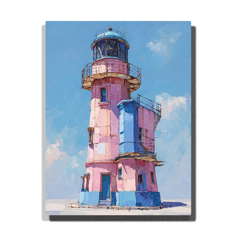 Pastel pink lighthouse with blue side tower under pale blue sky, balcony railings, soft clouds, and bright storybook architectural landscape mood, paint by numbers by PaintEasy