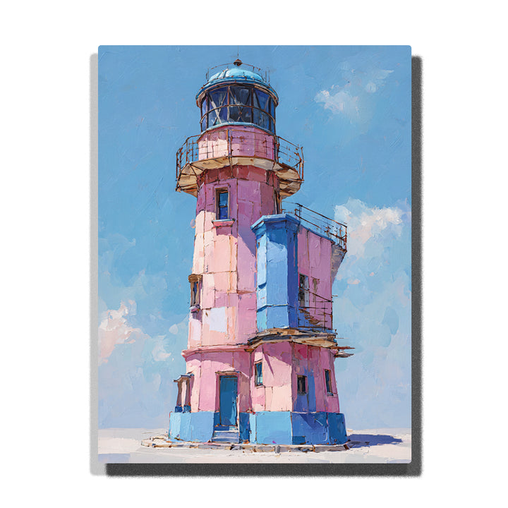 Pastel pink lighthouse with blue side tower under pale blue sky, balcony railings, soft clouds, and bright storybook architectural landscape mood, paint by numbers by PaintEasy
