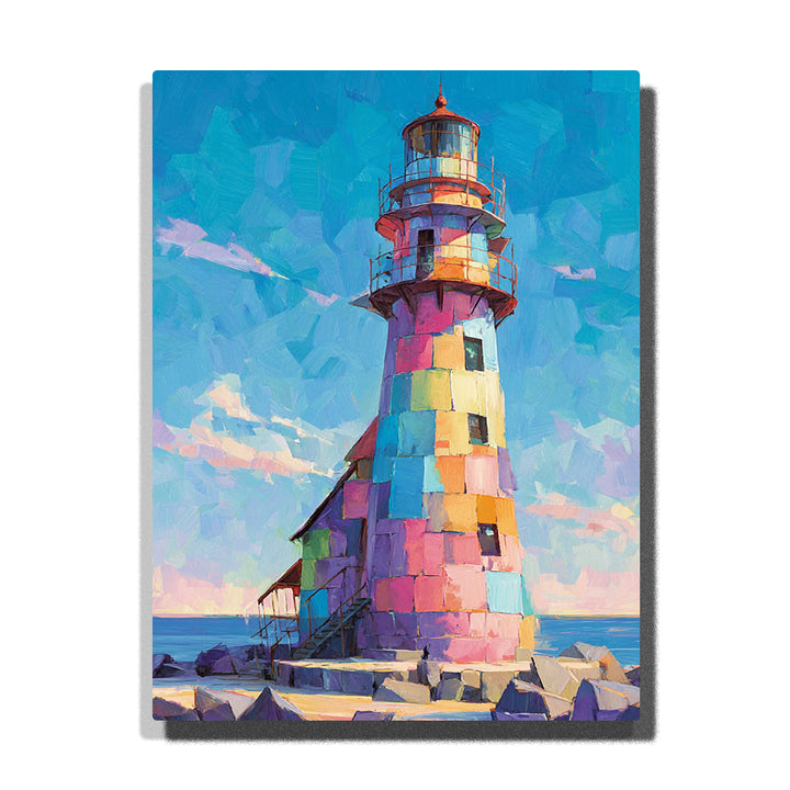 Tapered patchwork lighthouse by calm blue sea with pastel tower panels, large lantern balcony, small side building, rocky base, and bright coastal landscape mood, paint by numbers by PaintEasy