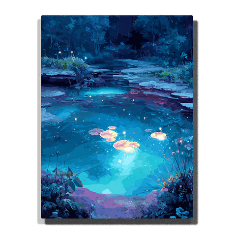Glowing lily pond in a blue night forest with luminous water lilies, tiny light dots, teal reflections, dark trees, pond plants, and peaceful magical landscape mood, paint by numbers by PaintEasy