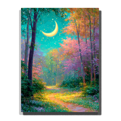 Crescent moon above a dreamy forest path with teal night sky, colorful autumn trees, glowing light dots, golden trail, and peaceful woodland mood, paint by numbers by PaintEasy