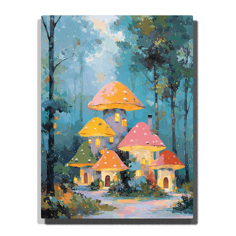 Mushroom house village in a misty blue forest with colorful mushroom roofs, glowing windows, small doors, tall trees, forest path, and cozy fairy-tale mood, paint by numbers by PaintEasy