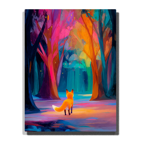 Orange fox walking through a rainbow fantasy forest with glowing path, magenta and teal trees, vivid orange light, deep blue shadows, and magical woodland mood, paint by numbers wall art by PaintEasy