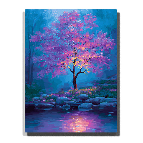 Glowing pink tree beside a moonlit forest pond with teal night background, rounded rocks, golden path, water reflections, and dreamy woodland mood, paint by numbers by PaintEasy