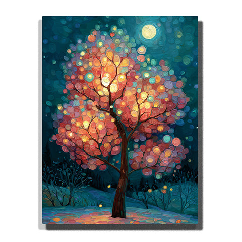 Glowing autumn tree under a moonlit night sky with colorful circular leaf lights, dark blue forest background, full moon, warm trunk, and dreamy woodland mood, paint by numbers by PaintEasy