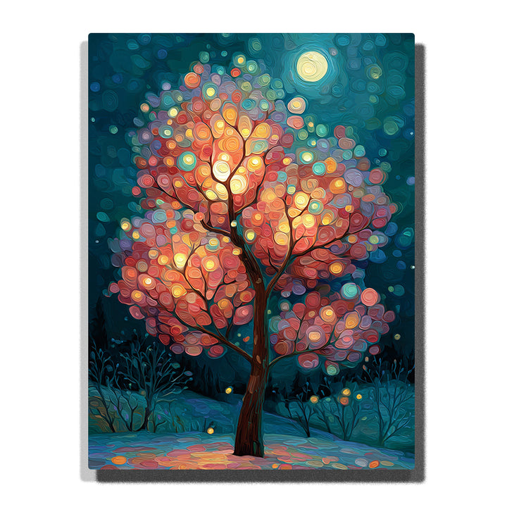 Glowing autumn tree under a moonlit night sky with colorful circular leaf lights, dark blue forest background, full moon, warm trunk, and dreamy woodland mood, paint by numbers by PaintEasy