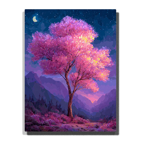 Pink blossom tree under a crescent moon with deep blue night sky, purple mountain layers, glowing petals, curved trunk, and peaceful moonlit landscape mood, paint by numbers by PaintEasy