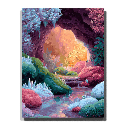 Glowing fantasy garden path in a colorful forest with golden tree light, purple rock wall, pink shrubs, teal foliage, icy blue plants, and magical hidden-garden mood, paint by numbers by PaintEasy