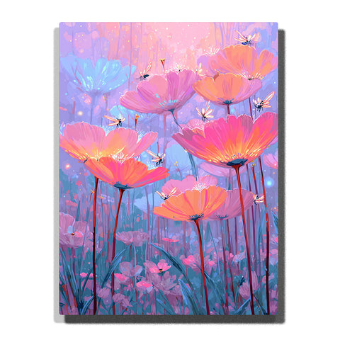 Glowing pastel flower meadow with tall pink and peach blossoms, blue flowers, tiny dragonflies, soft lavender background, and dreamy garden mood, paint by numbers by PaintEasy