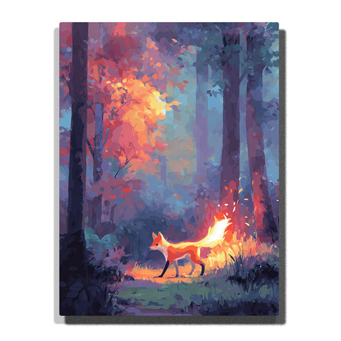 Glowing fox walking through a twilight forest with bright golden tail, orange body, blue tree shadows, autumn leaves, warm backlight, and magical woodland mood, paint by numbers by PaintEasy