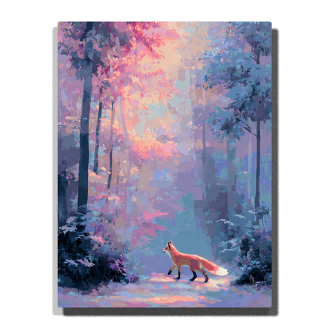Fox walking through a pastel forest with orange body, pale glowing tail, pink autumn leaves, misty blue shadows, tall trees, and peaceful woodland animal mood, paint by numbers by PaintEasy