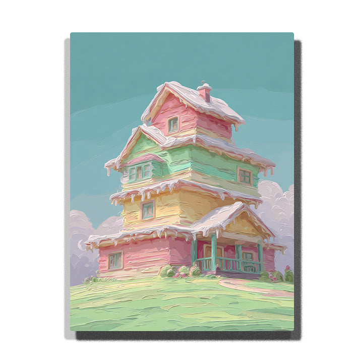 Pastel cake house with pink, mint green and yellow layers, thick white frosting roof edges, small porch, chimney, pale teal sky, and soft green ground, Paint by Numbers kit for kids by PaintEasy.