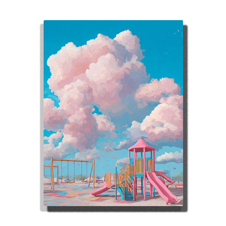 Pastel playground with pink slides, turquoise stairs, yellow railings, swing frames, giant cotton candy clouds, bright blue sky, and soft pink-lavender shadows, Paint by Numbers kit for kids by PaintEasy.