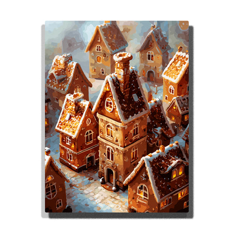 Tall gingerbread houses with snowy icing rooftops, glowing windows, central chimney, narrow blue-gray cobblestone street, and warm cookie-brown winter village details, Paint by Numbers kit for kids by PaintEasy.
