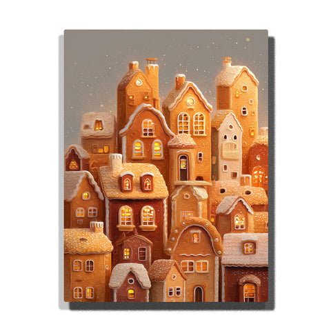 Gingerbread village with cookie houses, icing-covered roofs, glowing windows, snowy details, and warm golden light, Paint by Numbers kit for kids by PaintEasy.