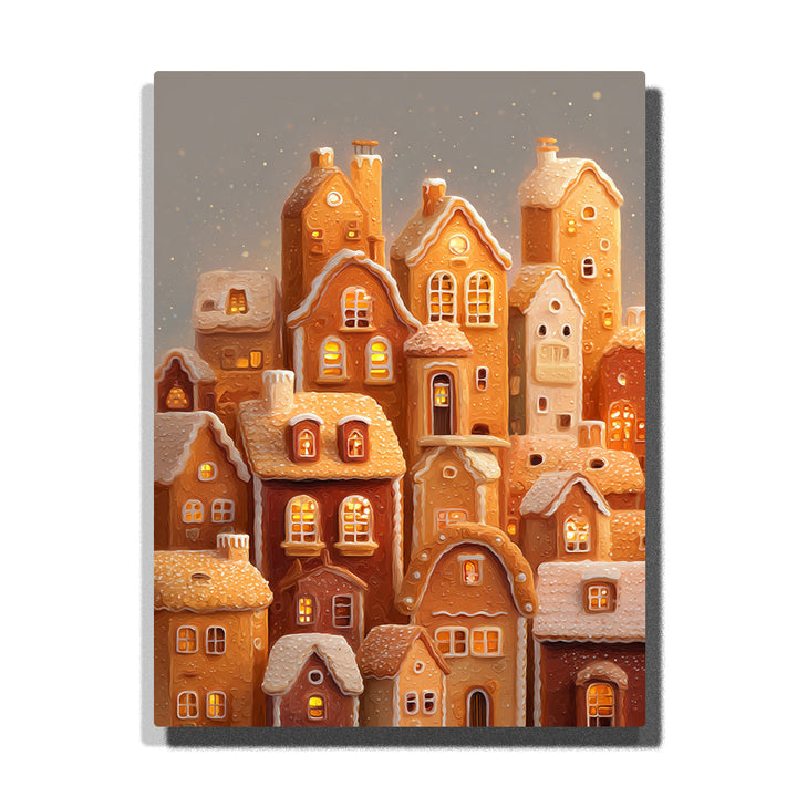 Gingerbread village with cookie houses, icing-covered roofs, glowing windows, snowy details, and warm golden light, Paint by Numbers kit for kids by PaintEasy.