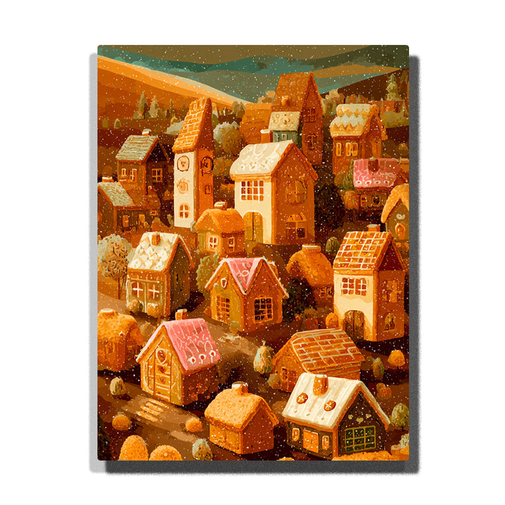 Cookie village with gingerbread-style houses, icing roofs, glowing windows, waffle patterns, warm hills, tiny trees, and golden sunset light, Paint by Numbers kit for kids by PaintEasy.