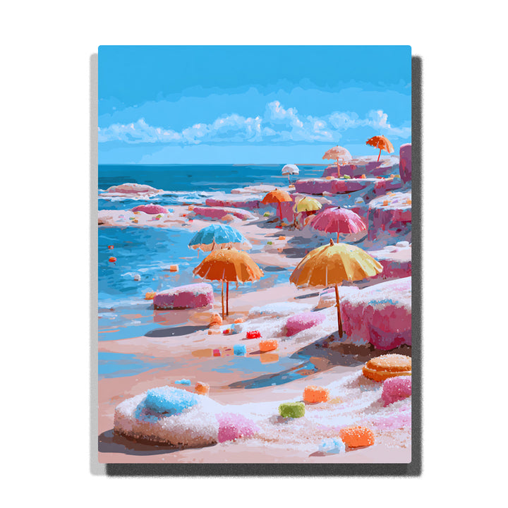 Candy-colored beach scene with bright umbrellas, blue ocean waves, pastel rocks, colorful sweets on the sand, fluffy clouds, and sunny shoreline details, Paint by Numbers kit for kids by PaintEasy.