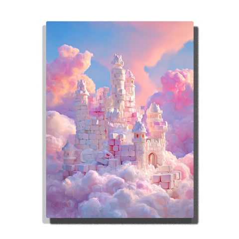 Cotton candy castle rising from fluffy pink clouds, with white towers, pastel brick walls, soft lavender shadows, and a peach-blue fantasy sky, Paint by Numbers kit for kids by PaintEasy.