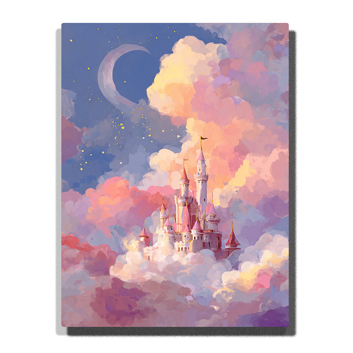 Fairy castle floating among pink clouds with crescent moon, golden stars, red rooftops, ivory towers, and soft lavender-blue sky, paint by numbers wall art by PaintEasy