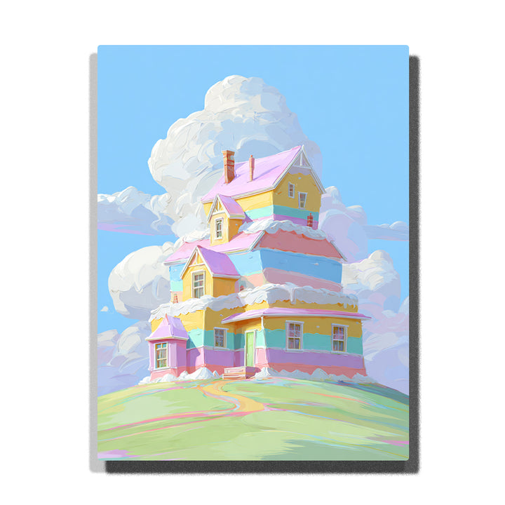 Pastel layer cake house with yellow, mint blue and pink walls, white frosting roof edges, brick chimneys, giant fluffy cloud, pale green hill, and soft blue sky, Paint by Numbers kit for kids by PaintEasy.