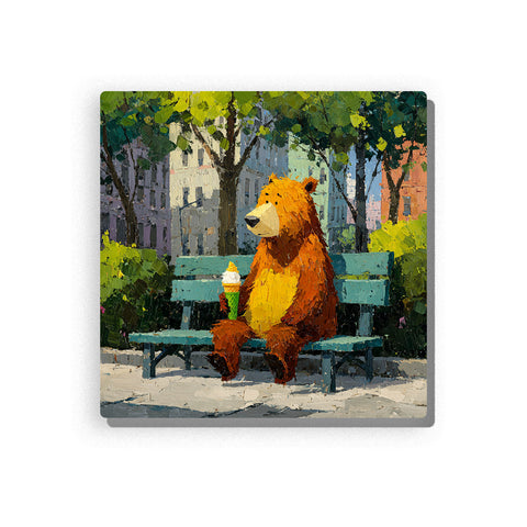 Brown bear eating ice cream on a teal park bench with leafy trees, city buildings, sunny sidewalk, and cheerful animal mood, paint by numbers by PaintEasy