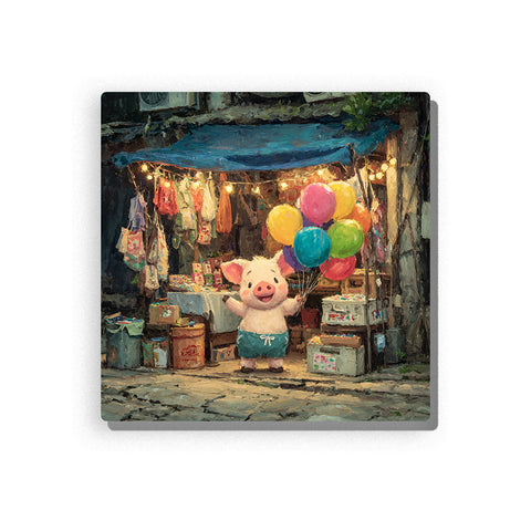 Smiling piglet holding colorful balloons in front of a cozy street stall with string lights, blue awning, hanging clothes, market boxes, and playful animal mood, paint by numbers wall art by PaintEasy