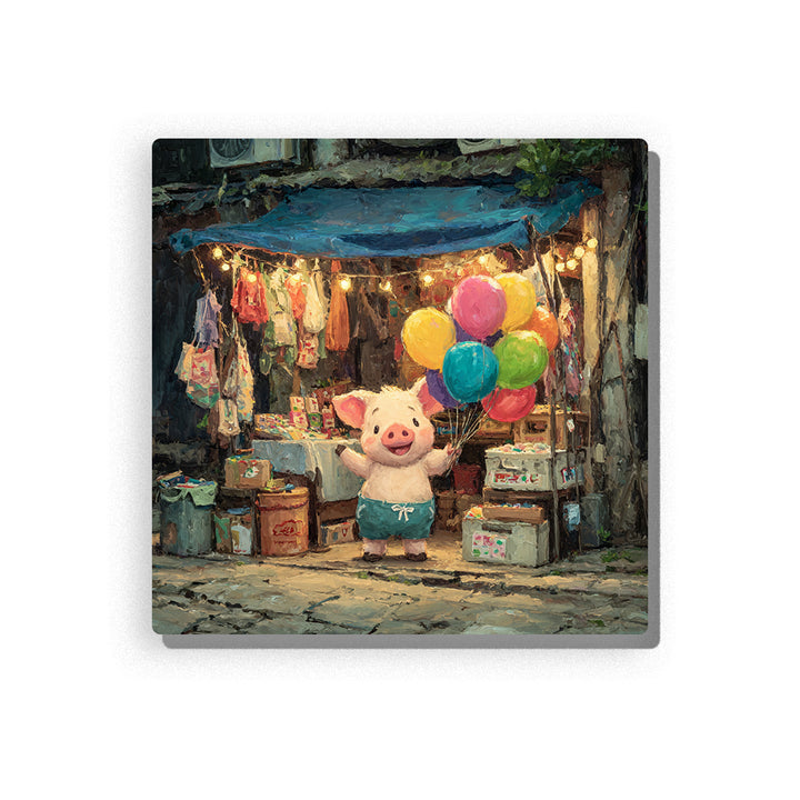 Smiling piglet holding colorful balloons in front of a cozy street stall with string lights, blue awning, hanging clothes, market boxes, and playful animal mood, paint by numbers wall art by PaintEasy