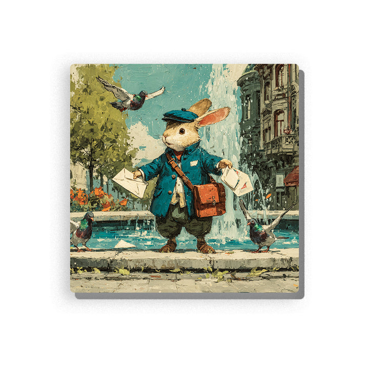 Rabbit postman delivering letters in a city square with teal coat, pigeons, fountain, trees, and storybook animal mood, paint by numbers wall art by PaintEasy