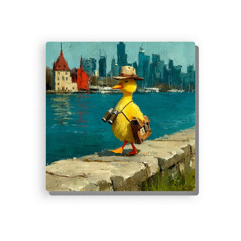 Yellow duck traveler walking by a city waterfront with straw hat, suitcase, binoculars, blue river, skyline, red-roofed tower, and playful animal mood, paint by numbers wall art by PaintEasy