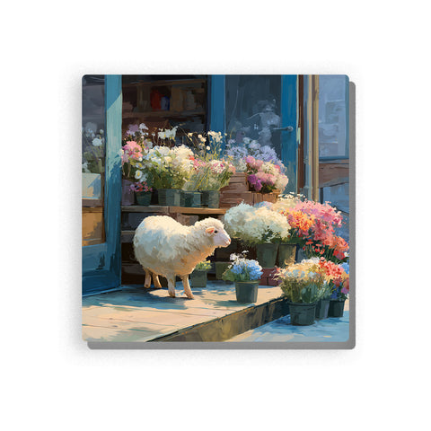 Little sheep standing by a flower shop with blooming bouquets, blue doorway, potted flowers, sunlit steps, and cozy animal mood, paint by numbers wall art by PaintEasy