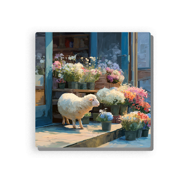 Little sheep standing by a flower shop with blooming bouquets, blue doorway, potted flowers, sunlit steps, and cozy animal mood, paint by numbers wall art by PaintEasy