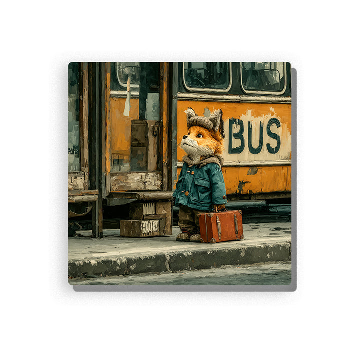Little fox waiting beside an old bus with teal coat, small suitcase, faded yellow bus door, city curb, and quiet animal travel mood, paint by numbers wall art by PaintEasy