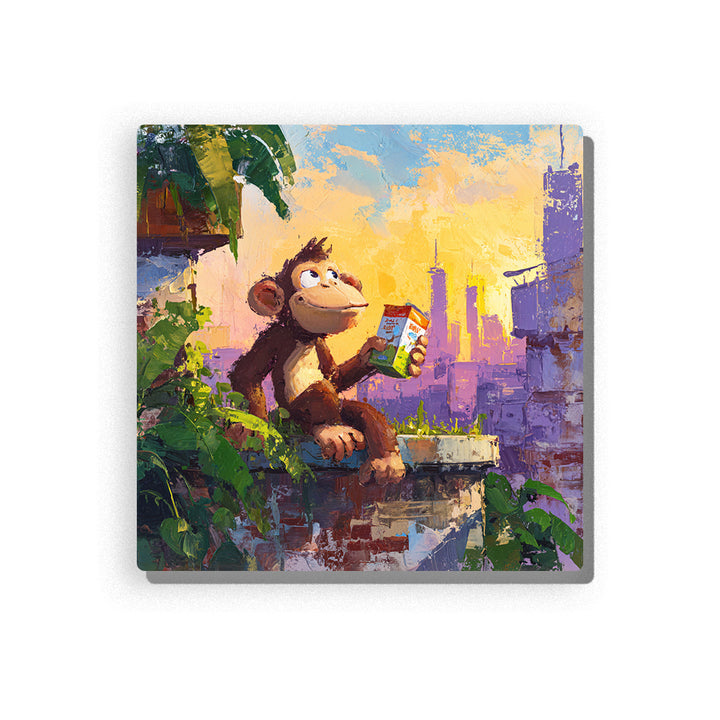Little monkey holding a colorful drink carton on a rooftop with green plants, sunset city skyline, warm yellow sky, purple buildings, and playful animal mood, paint by numbers wall art by PaintEasy