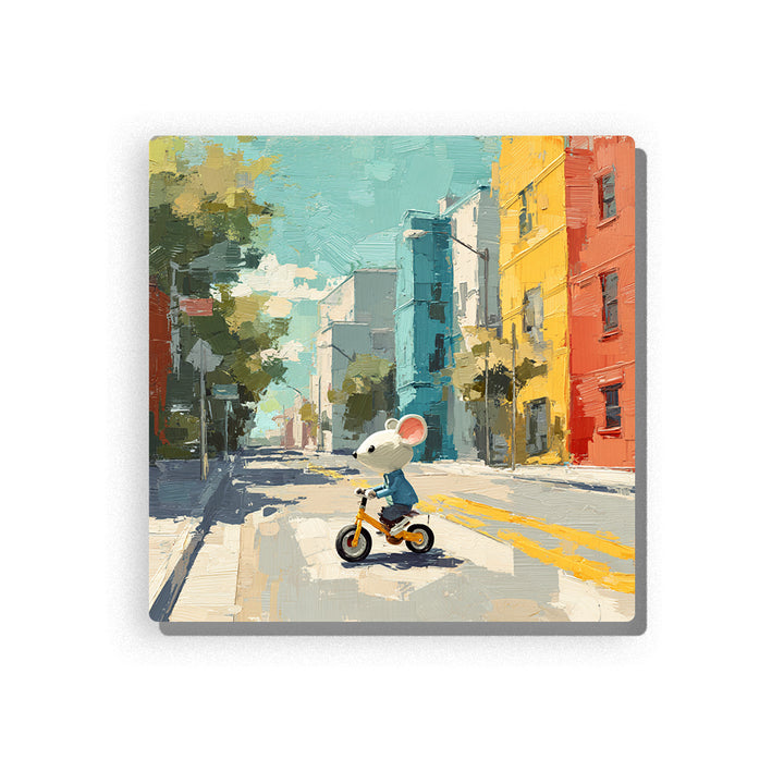Little mouse riding a scooter across a sunny city street with yellow road lines, colorful buildings, soft shadows, and playful animal mood, paint by numbers wall art by PaintEasy