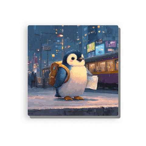 Little penguin carrying a backpack at a snowy tram stop with city lights, purple tram, falling snow, paper in flipper, and cozy animal travel mood, paint by numbers wall art by PaintEasy