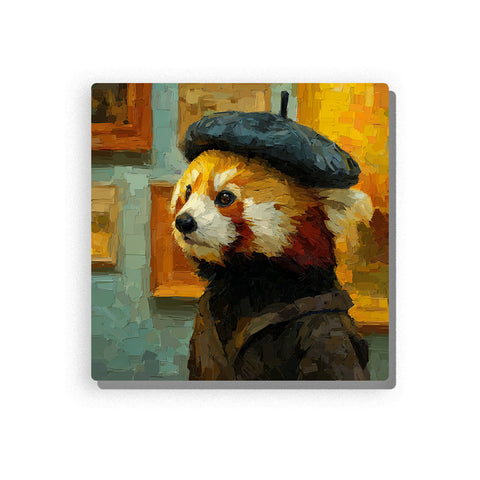 Red panda wearing a black beret and coat in an art gallery with golden frames, teal wall, warm lighting, and cozy animal portrait mood, paint by numbers wall art by PaintEasy