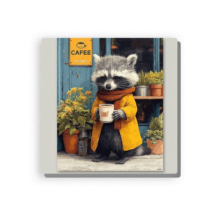 Raccoon holding a coffee cup outside a small cafe with yellow raincoat, blue doorway, potted flowers, cafe sign, and cozy animal mood, paint by numbers wall art by PaintEasy