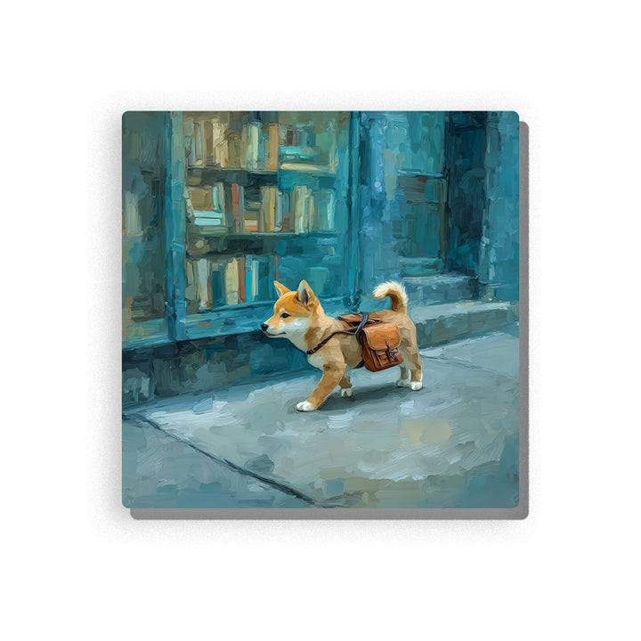 Shiba Inu walking with a brown satchel past a blue bookshop window with shelves, sidewalk shadows, curled tail, and cozy animal city mood, paint by numbers wall art by PaintEasy
