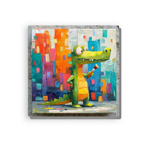 Green crocodile painter holding a paintbrush in front of colorful city blocks with yellow belly, long tail, bright buildings, and playful animal art mood, paint by numbers wall art by PaintEasy