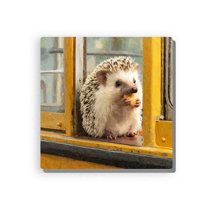Little hedgehog eating a snack by a yellow window with soft white body, spiky back, glass panels, warm ledge, and cozy animal mood, paint by numbers wall art by PaintEasy