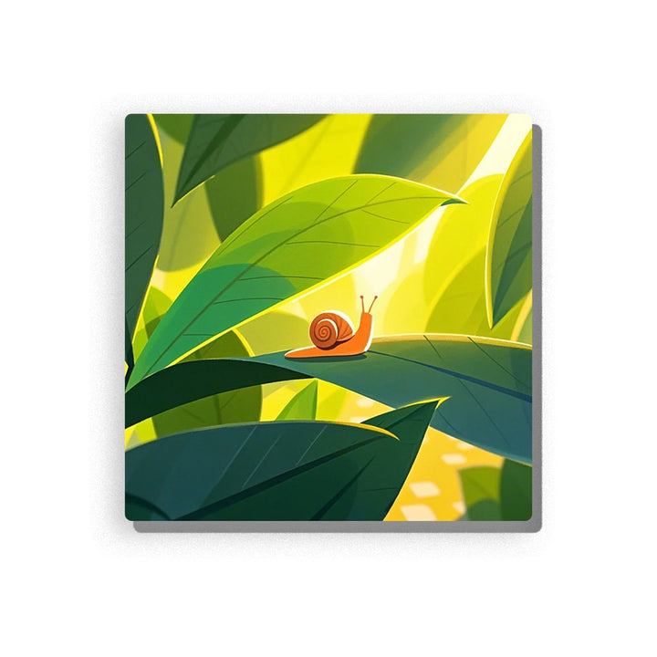 Tiny orange-brown snail with spiral shell crawling on a sunlit green leaf, surrounded by large tropical leaves, bright yellow sunlight, deep green shadows, and soft garden details, Paint by Numbers kit for kids by PaintEasy.